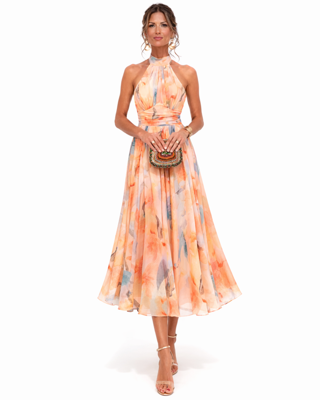 Aurora | Vestido con Cuello Halter y Estampado Acuarelado