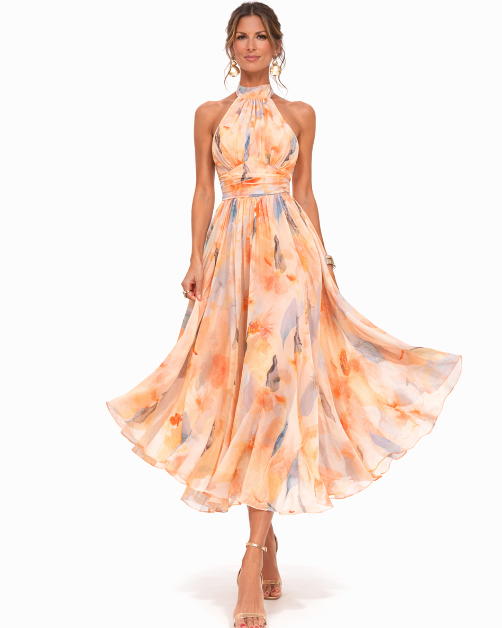 Aurora | Vestido con Cuello Halter y Estampado Acuarelado