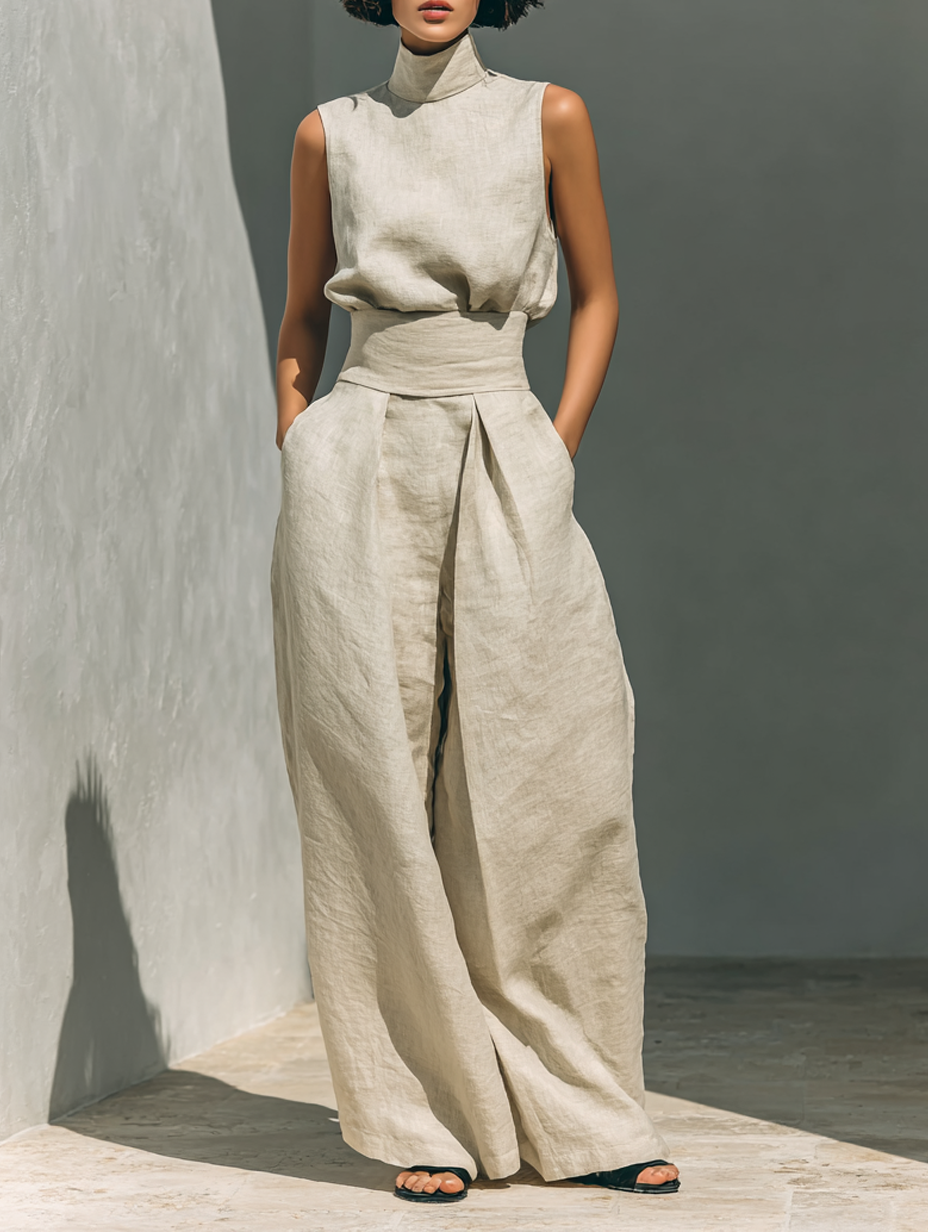Maria™ | Conjunto completo con top de tirantes y pantalones anchos de algodón y lino