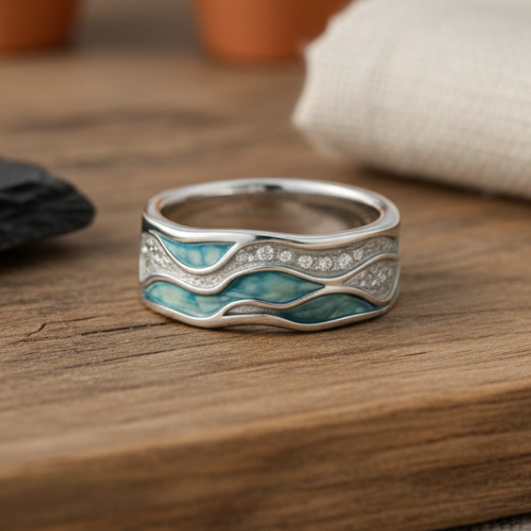 Anillo ondas turquesas en plata