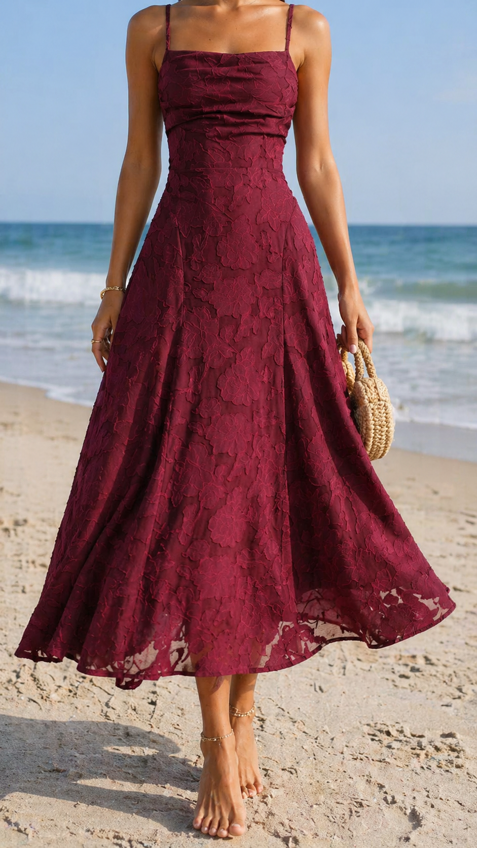 VESTIDO JACQUARD ROJO VINO