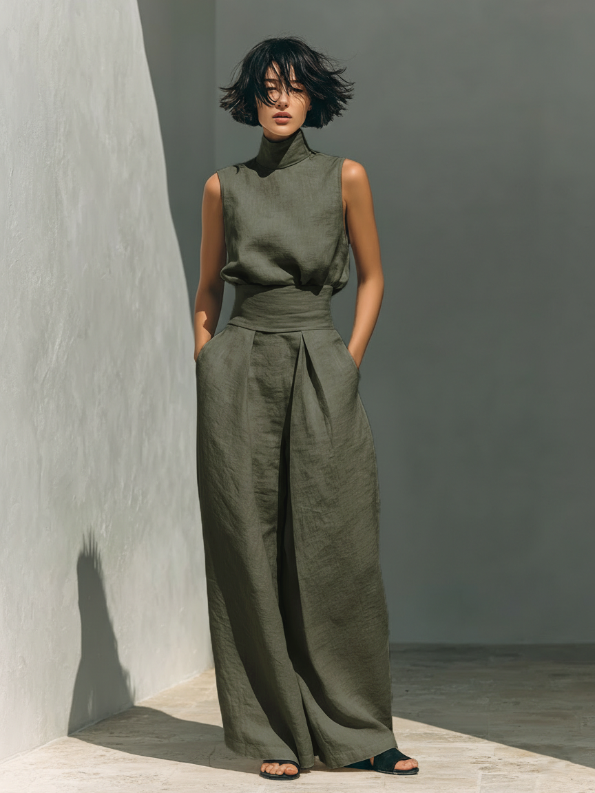 Maria™ | Conjunto completo con top de tirantes y pantalones anchos de algodón y lino