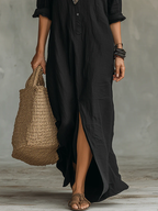 Soline™ | Vestido Maxi Negro Largo con Botones