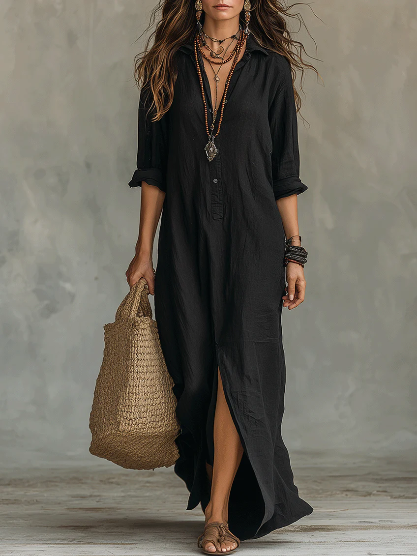 Soline™ | Vestido Maxi Negro Largo con Botones