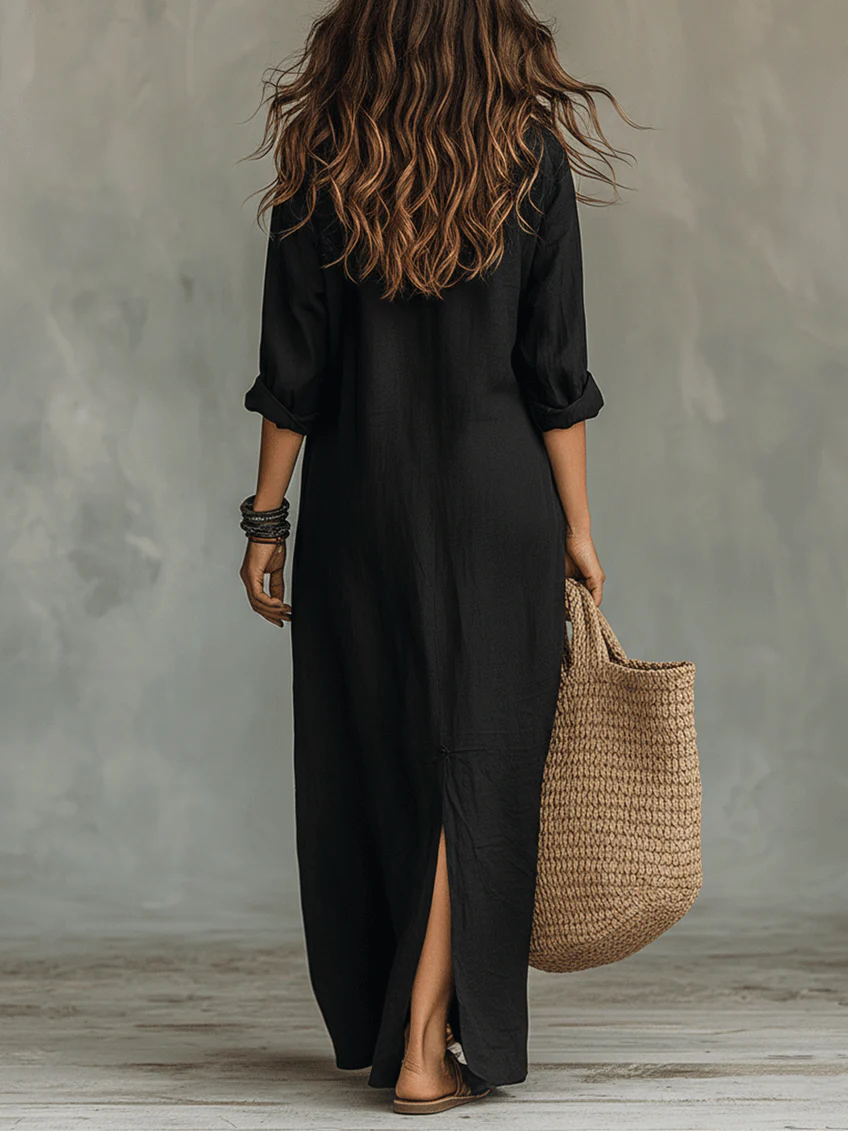 Soline™ | Vestido Maxi Negro Largo con Botones