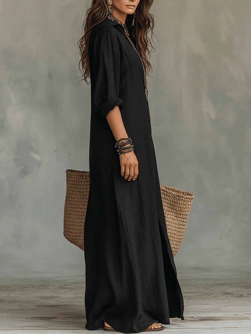 Soline™ | Vestido Maxi Negro Largo con Botones