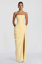 HANNAH | Elegante vestido maxi con drapeado y alta abertura