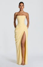 HANNAH | Elegante vestido maxi con drapeado y alta abertura