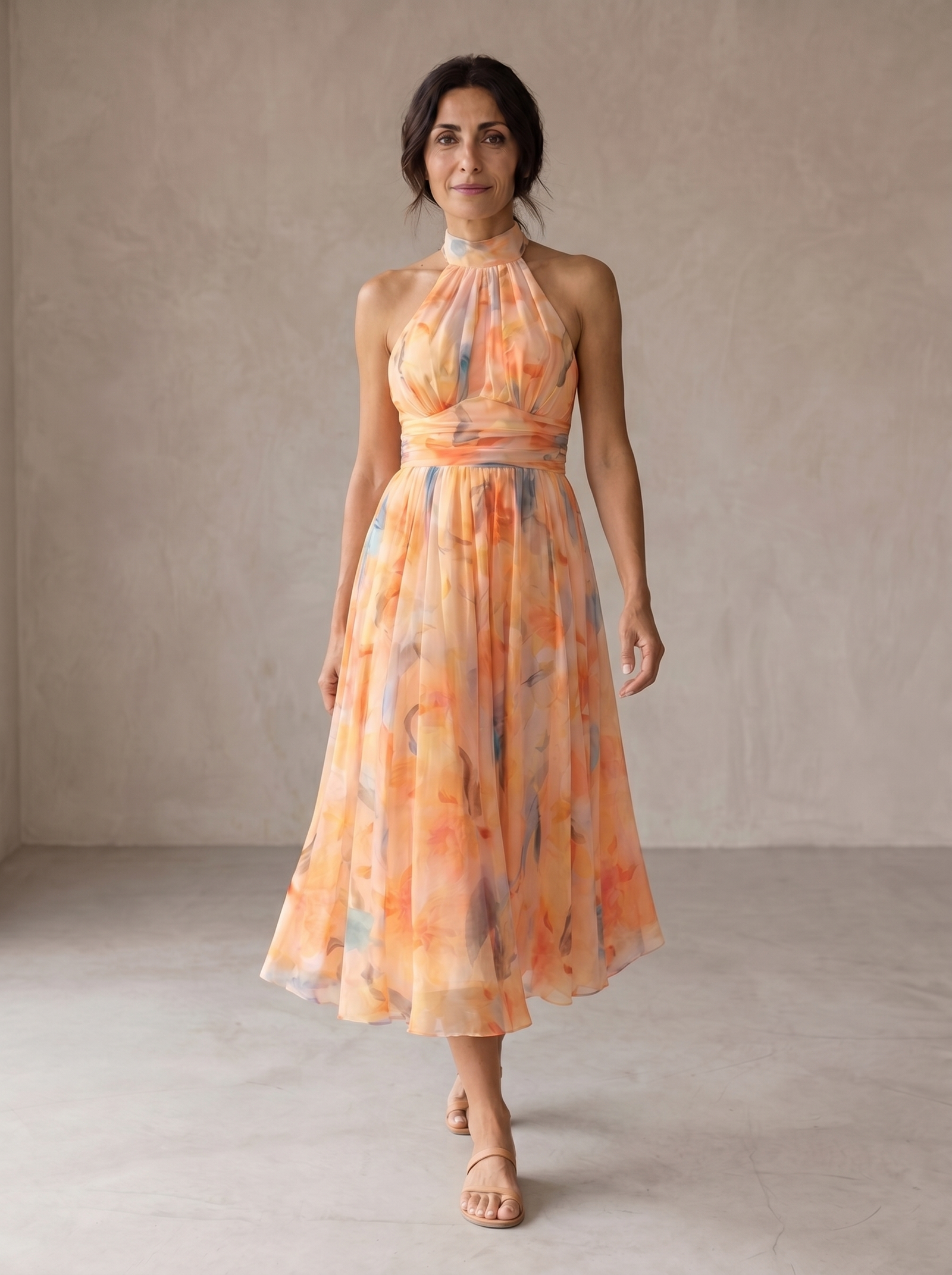 Aurora | Vestido con Cuello Halter y Estampado Acuarelado